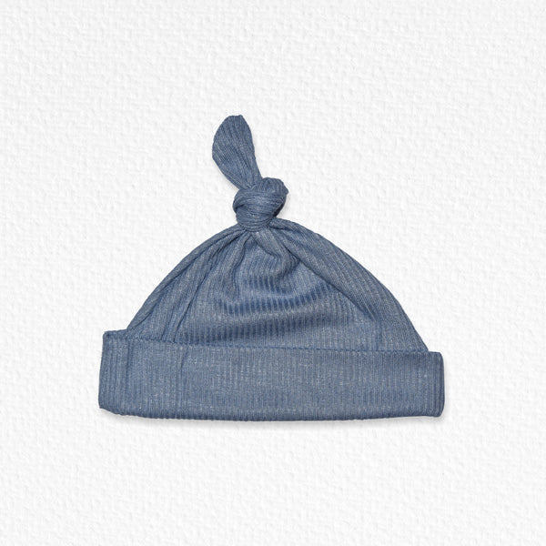 Ribbed Cotton Single Knot Beanie Blue
